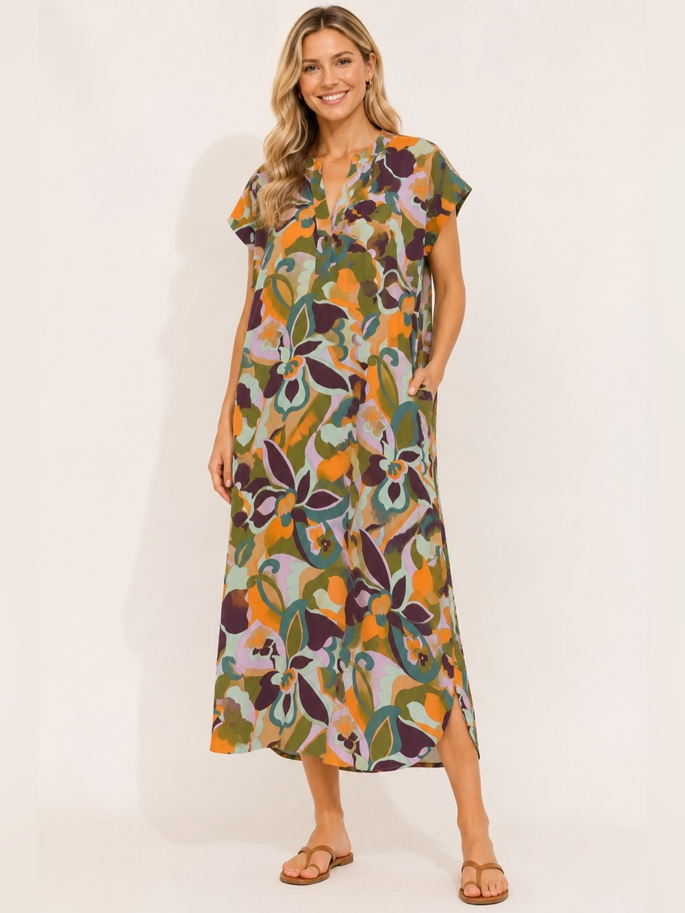Easel Los Angeles Floral Shift Dress L Retro Mod Boho Maxi Colorful Lightweight